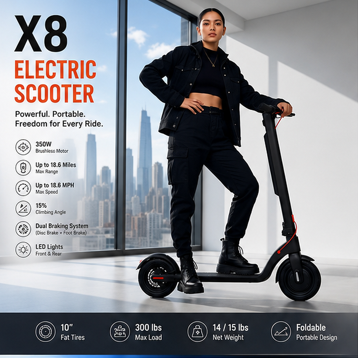 HX X8 Electric Scooter | 350W Motor, 10" Fat Tires & Foldable Design