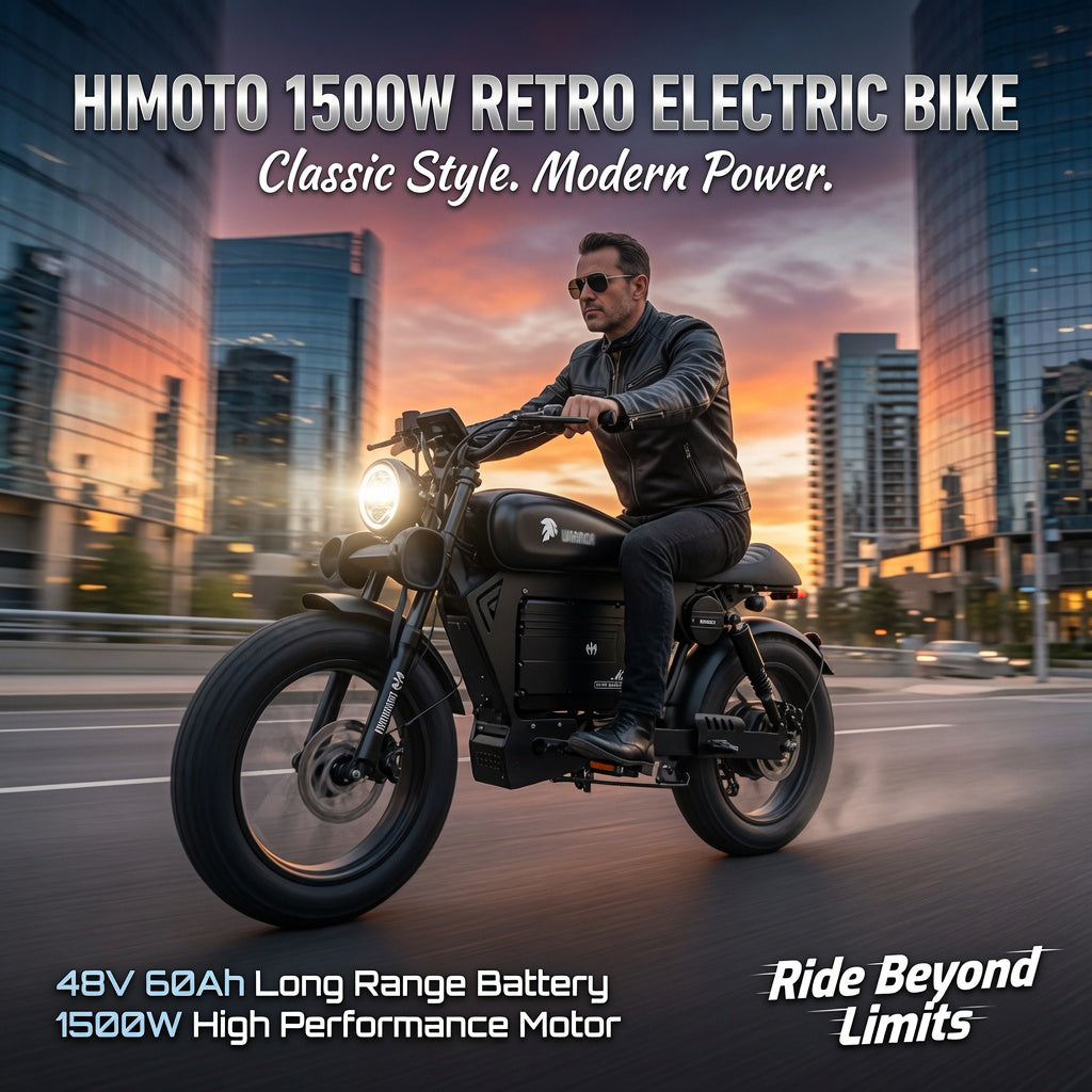 HIMOTO 1500W 60Ah Retro Style Fat Tire 48V Electric Bike – Long Range E-Bike