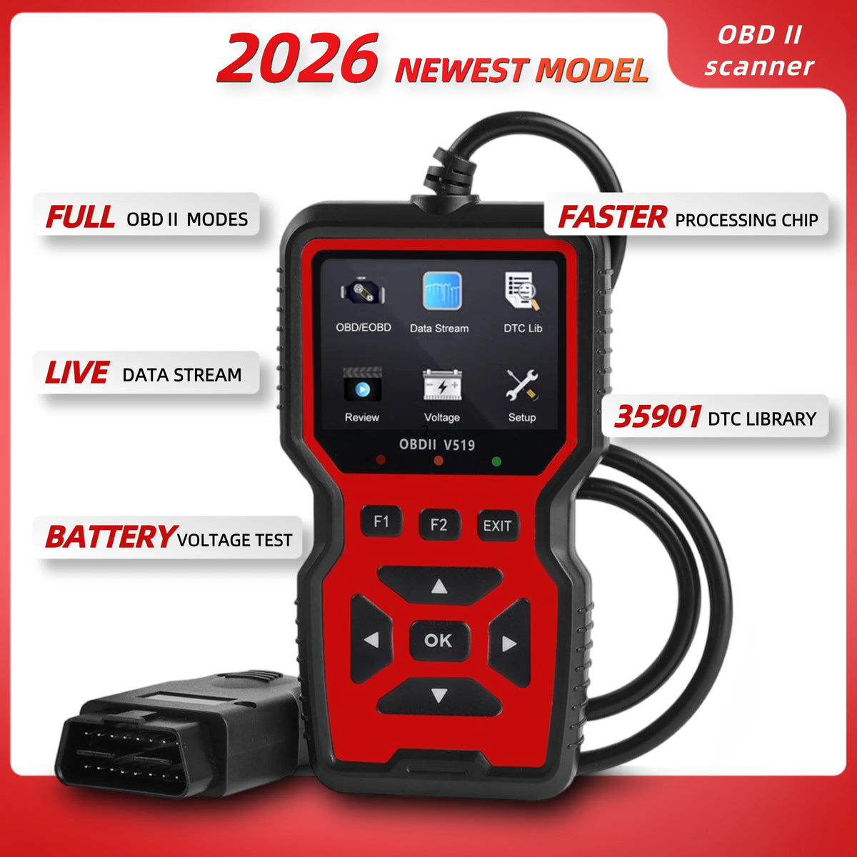 V519 OBD2 Scanner Car Diagnostic Tool – 2.8" Color Screen Check Engine Code Reader for OBD II Vehicles