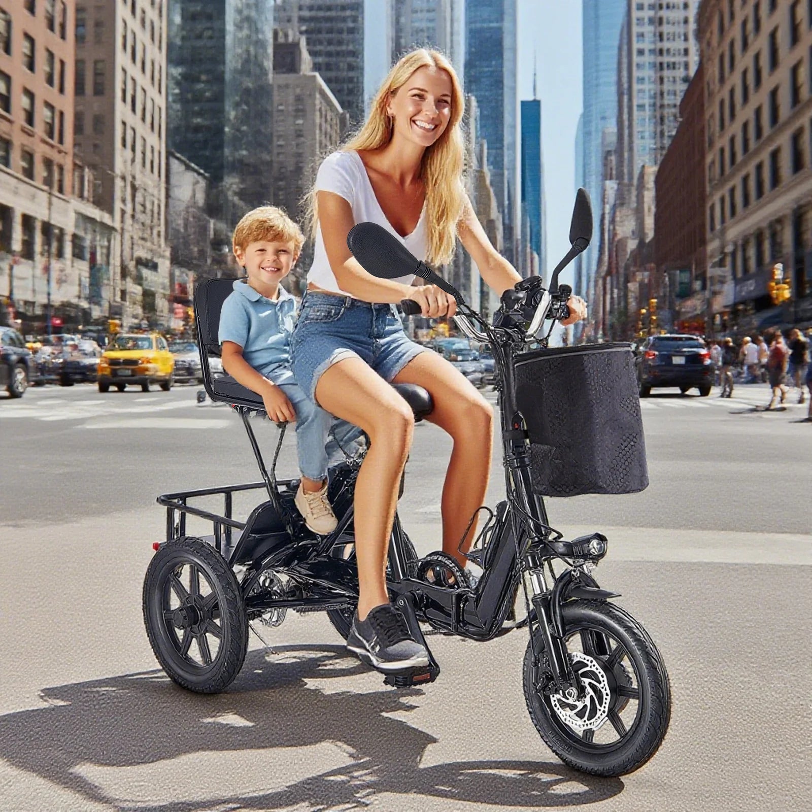500W Peak Electric Trike Bike for Adults – Folding 3 Wheel Ebike with 480Wh Removable Battery, Step-Thru Frame, 2-Seat Design, Up to 45 Miles Long Range, Stable Electric Tricycle for Parents & Family Rides