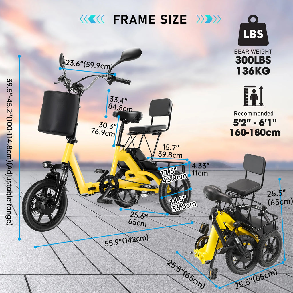 500W Peak Electric Trike Bike for Adults – Folding 3 Wheel Ebike with 480Wh Removable Battery, Step-Thru Frame, 2-Seat Design, Up to 45 Miles Long Range, Stable Electric Tricycle for Parents & Family Rides