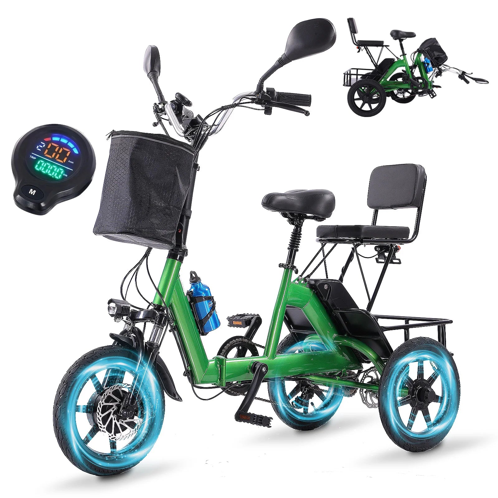500W Peak Electric Trike Bike for Adults – Folding 3 Wheel Ebike with 480Wh Removable Battery, Step-Thru Frame, 2-Seat Design, Up to 45 Miles Long Range, Stable Electric Tricycle for Parents & Family Rides