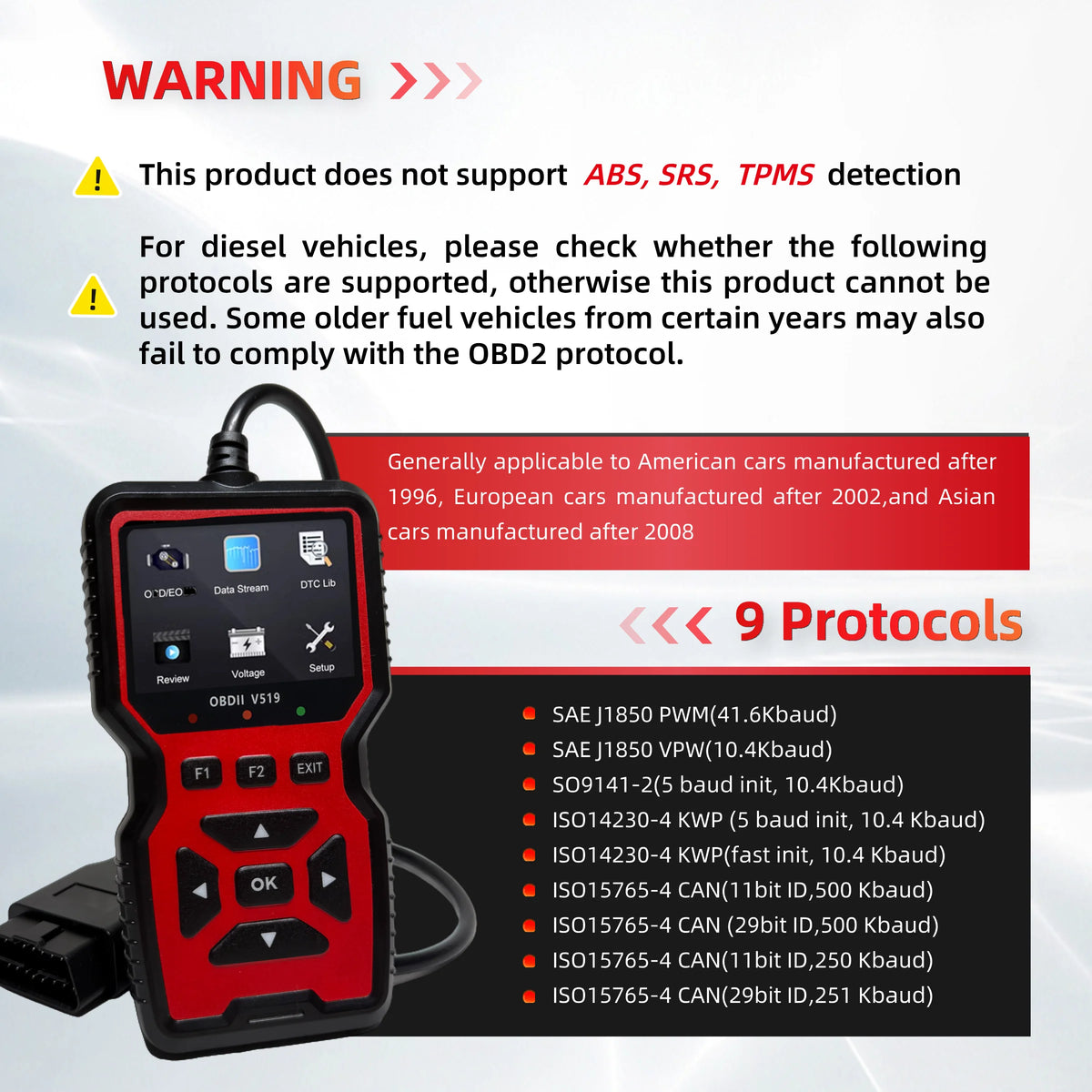 V519 OBD2 Scanner Car Diagnostic Tool – 2.8" Color Screen Check Engine Code Reader for OBD II Vehicles