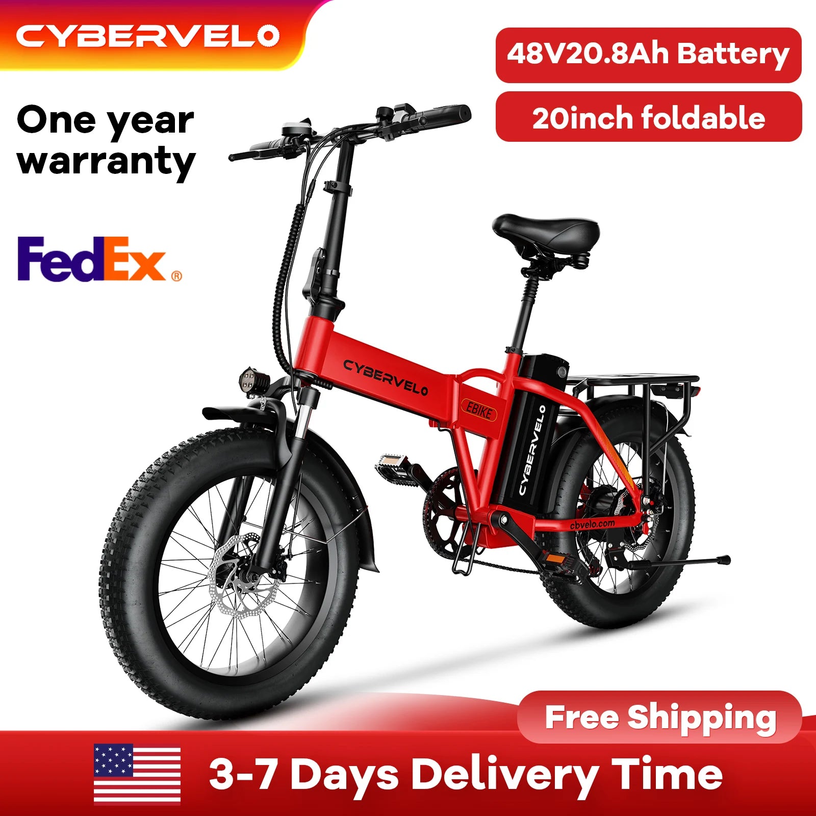 EK4 1000W Peak Foldable Electric Bike – 28+ MPH, Up to 80 Miles, 48V Removable Battery, 20" Fat Tire E-Bike