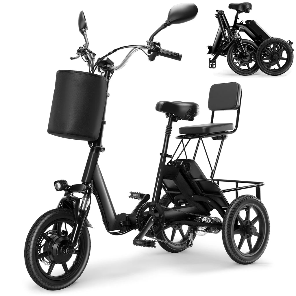 500W Peak Electric Trike Bike for Adults – Folding 3 Wheel Ebike with 480Wh Removable Battery, Step-Thru Frame, 2-Seat Design, Up to 45 Miles Long Range, Stable Electric Tricycle for Parents & Family Rides