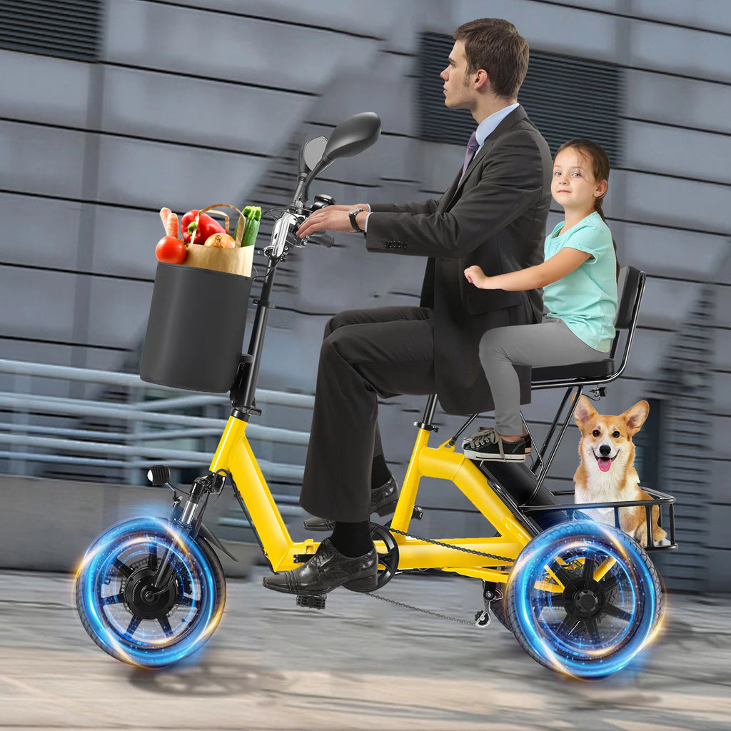 500W Peak Electric Trike Bike for Adults – Folding 3 Wheel Ebike with 480Wh Removable Battery, Step-Thru Frame, 2-Seat Design, Up to 45 Miles Long Range, Stable Electric Tricycle for Parents & Family Rides