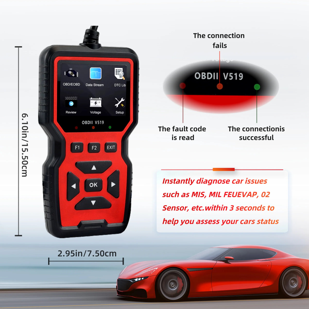 V519 OBD2 Scanner Car Diagnostic Tool – 2.8" Color Screen Check Engine Code Reader for OBD II Vehicles