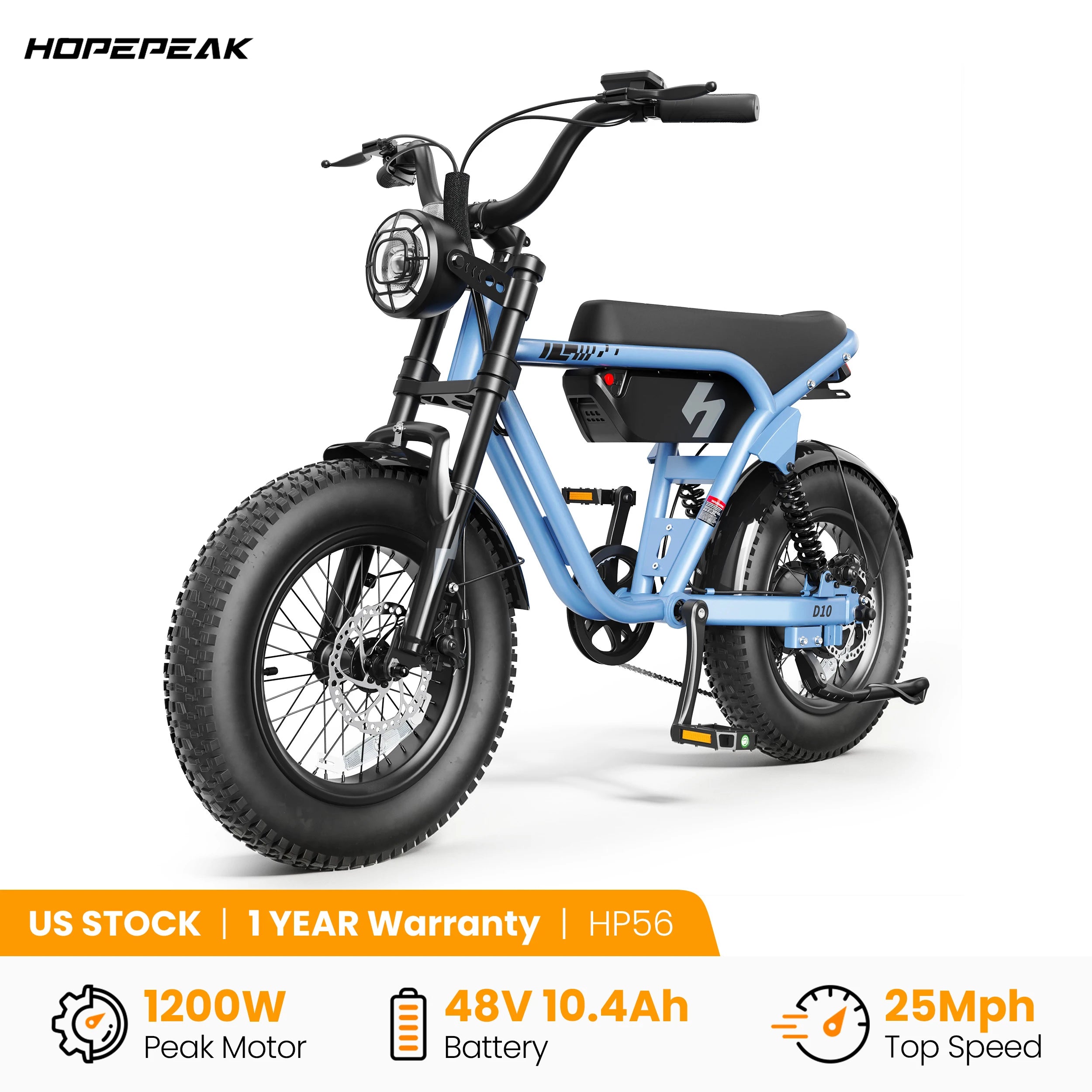 Hopepeak D10 1200W Peak Electric Bike – 16" Fat Tire Full Suspension Off-Road Ebike 🚵⚡
