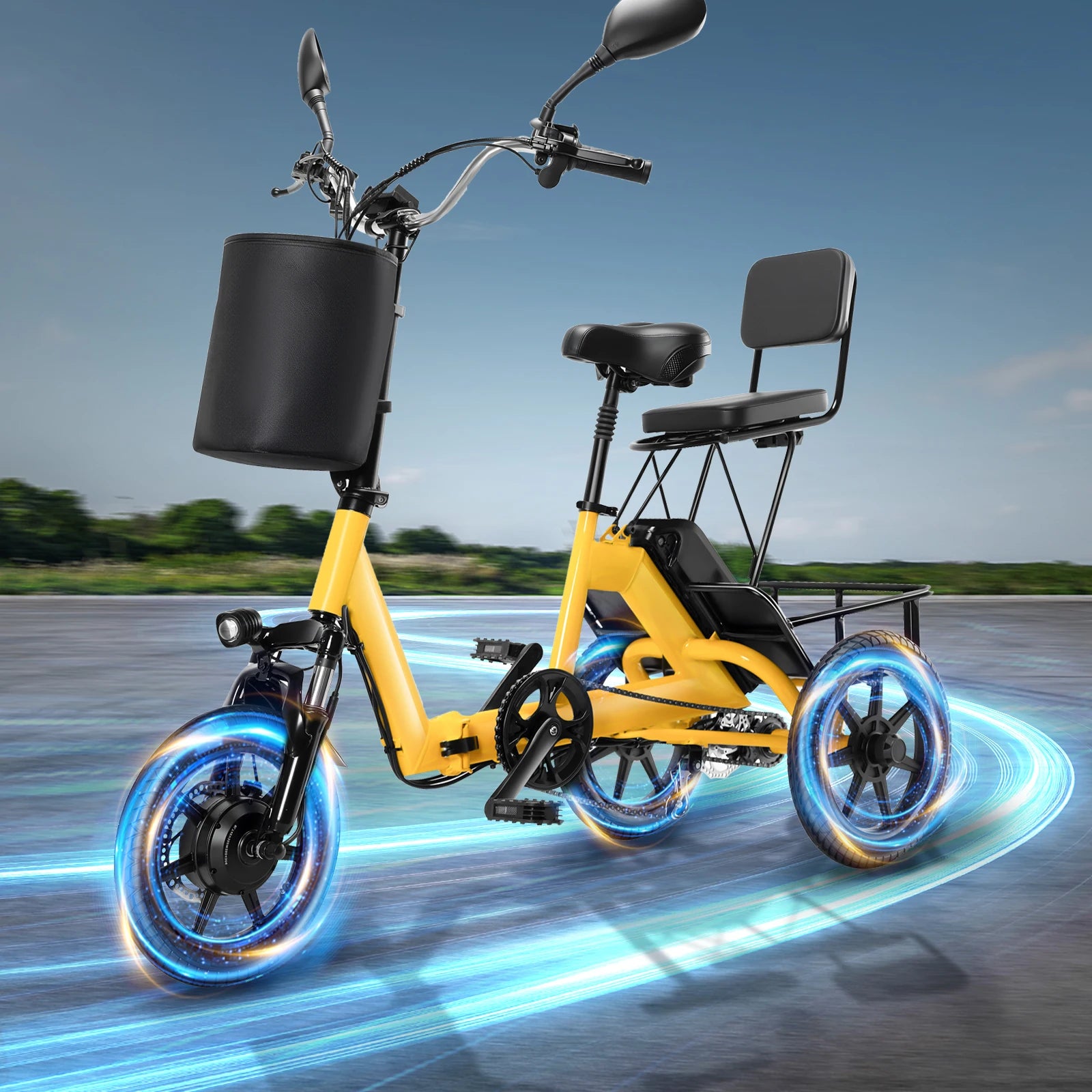500W Peak Electric Trike Bike for Adults – Folding 3 Wheel Ebike with 480Wh Removable Battery, Step-Thru Frame, 2-Seat Design, Up to 45 Miles Long Range, Stable Electric Tricycle for Parents & Family Rides