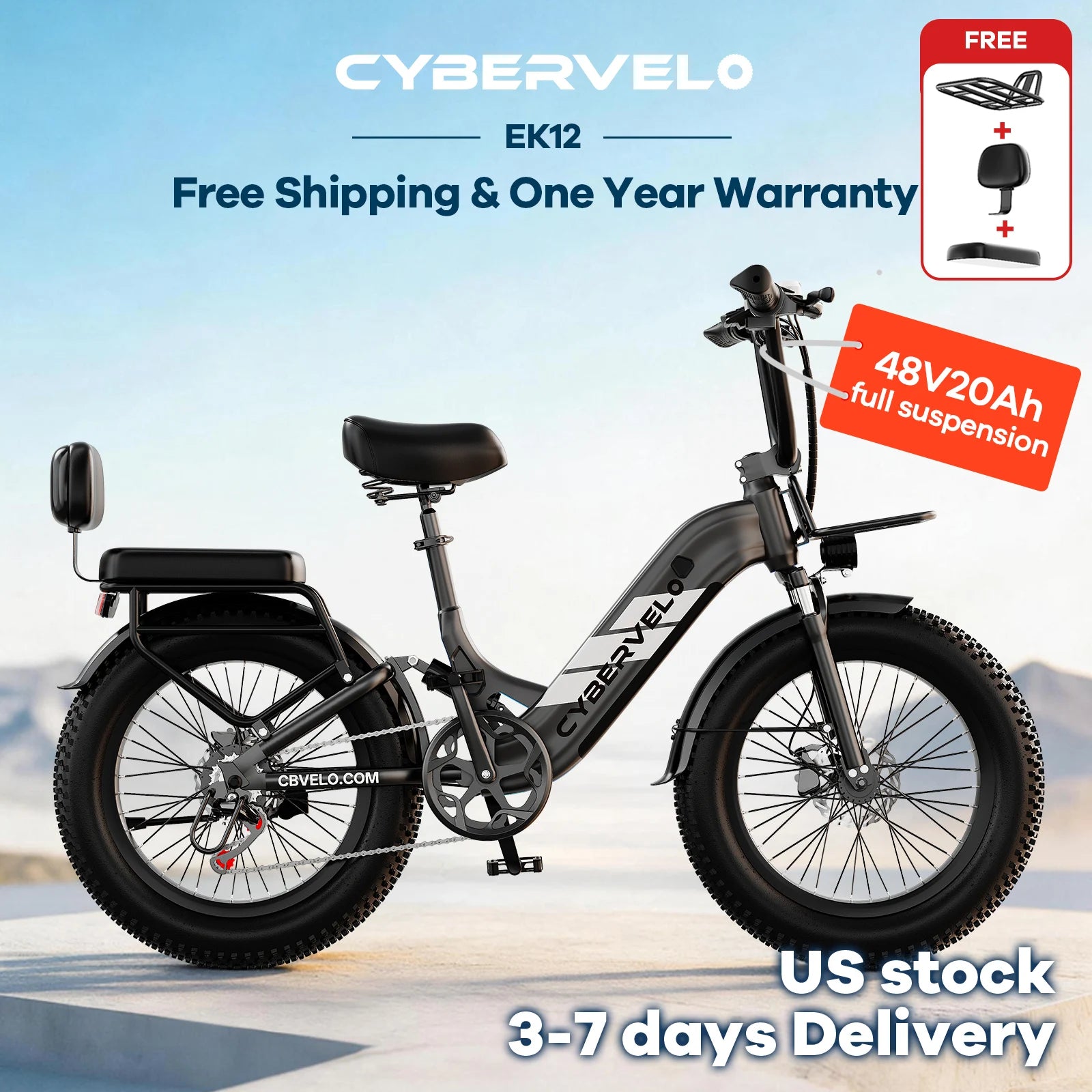 EK12 Electric Bike for Adults 1500W Peak, 48V 20Ah Battery, Up to 80 Miles Range, 20" Step-Thru Commuter E-Bike